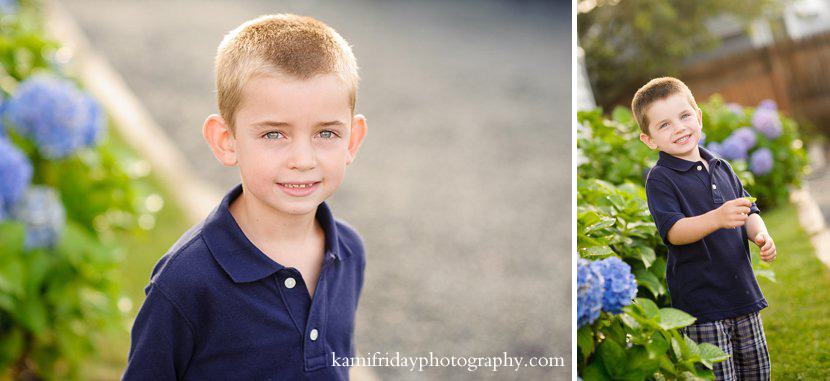 Blue eyed boys posing with Hydrangeas