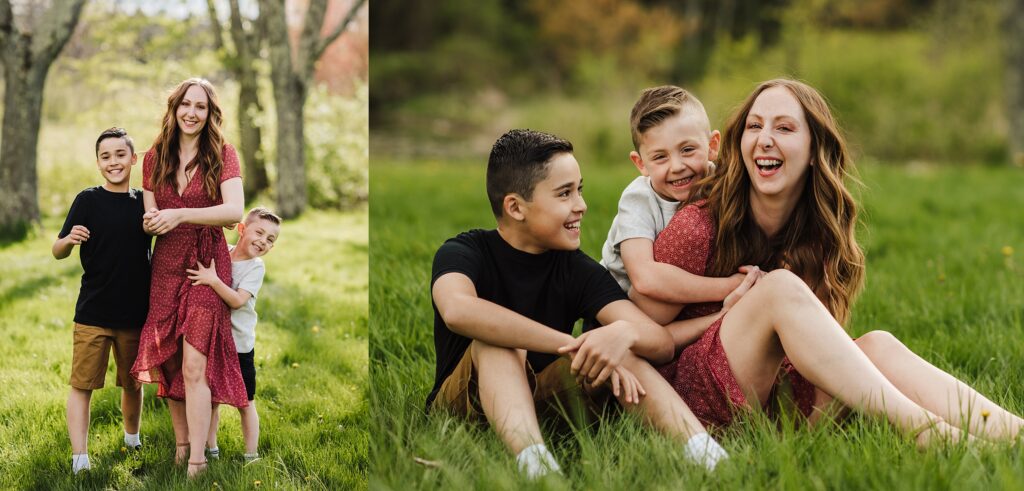 A candid moment of laughter between mother and sons, captured by New Hampshire photographer, Kami Friday.