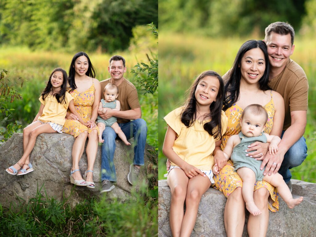 MA family of 4 poses for family photos at Benson Park in Hudson NH.