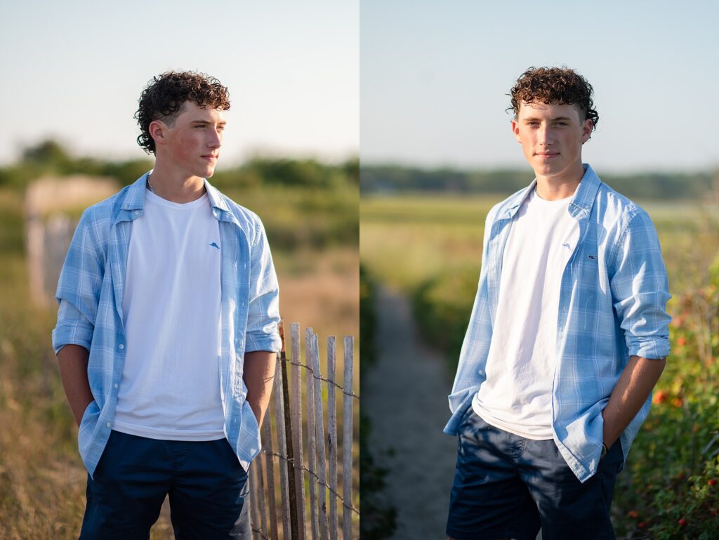 Teen boy poses for his senior pictures during golden hour at Parson's beach in Kennebunk Maine. Captured by NH portait photgrapher, Kami Friday.