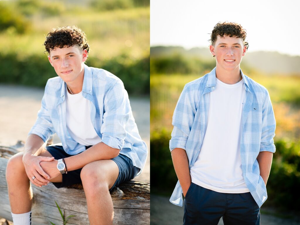 High school senior boy at Parson's beach in Kennebunk Maine poses for his senior pictures during golden hour.