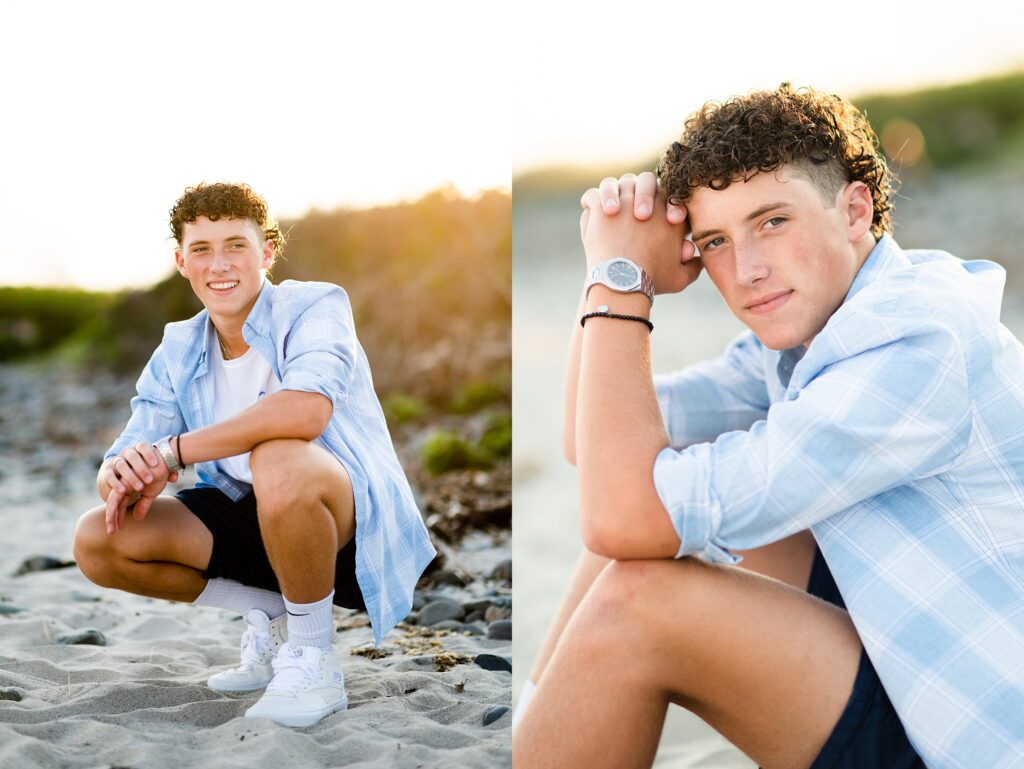 Bishop Guertin NH high school senior boy at Parson's beach in Kennebunk Maine poses for his senior pictures during golden hour.