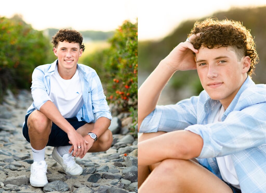 Bishop Guertin senior poses for his senior pictures during golden hour at Parson's beach in Kennebunk Maine.