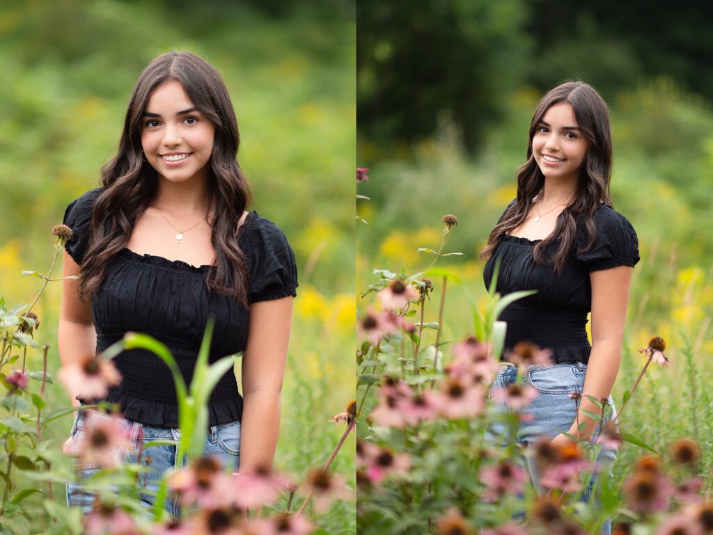 Natasha poses casually for her high school senior portraits among wildflowers.