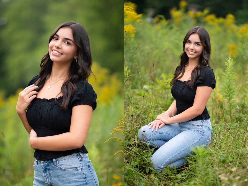 A teen dressed in a black shirt and jeans poses for her senior pictures in Hollis NH.