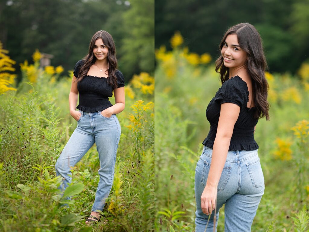 Natasha poses among wildflowers at Beaver Brook in Hollis NH during her senior portrait session.