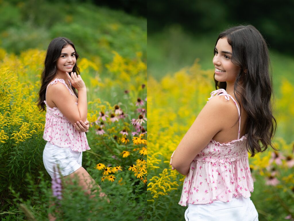 Natasha poses for her senior pictures in a field filled with yellow wildflowers.