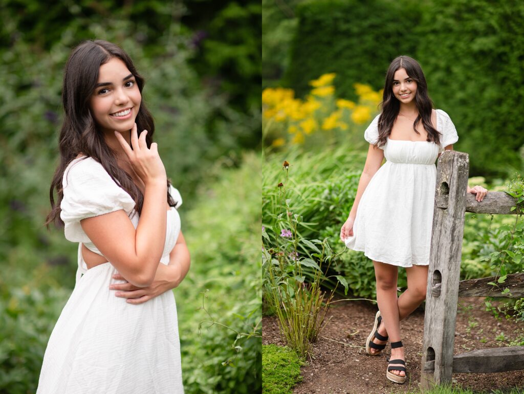 Hollis Brookline senior poses outdoors in white dress.