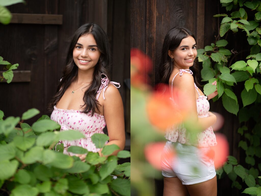 NH outdoor senior session with beautiful barn and flowers.