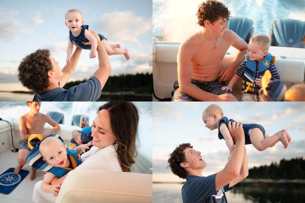 Family plays on their boat in the Kennebunkport Maine harbor.