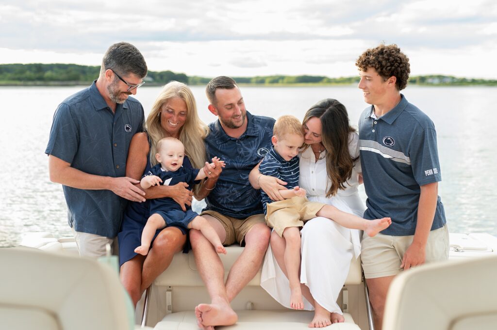 Kennebunkport ME Family casually poses for photos on their boat