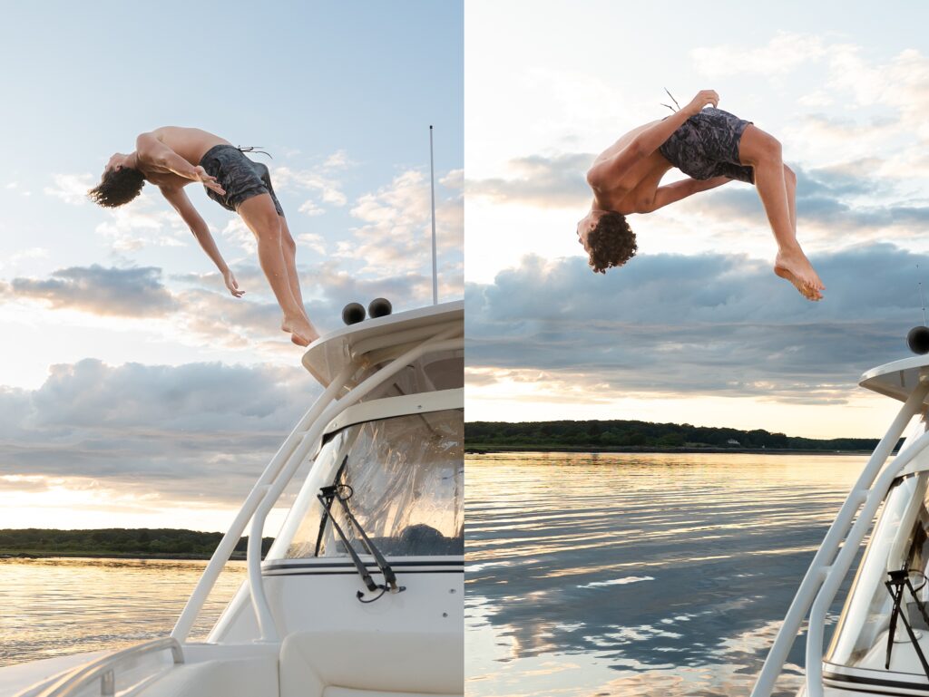 Teen boy backflips off of boat in Kennebunkport.