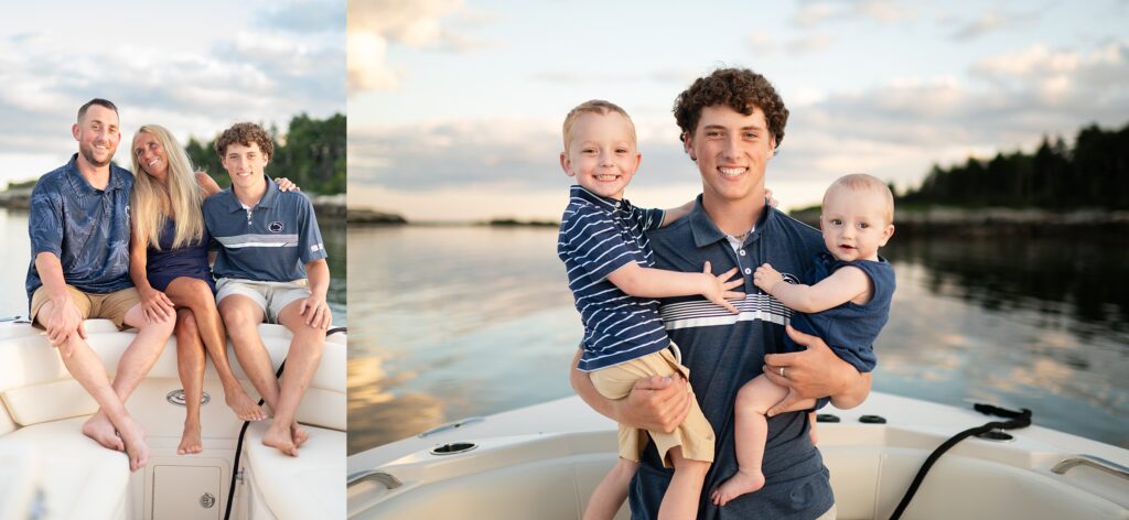 Family enjoying time on their boat in Kennebunkport Maine.