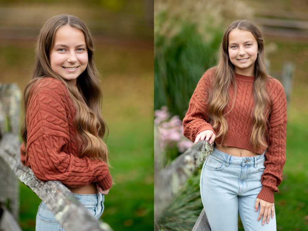 Teen girl casually poses for her senior pictures at Beaver Brook Reservation in NH