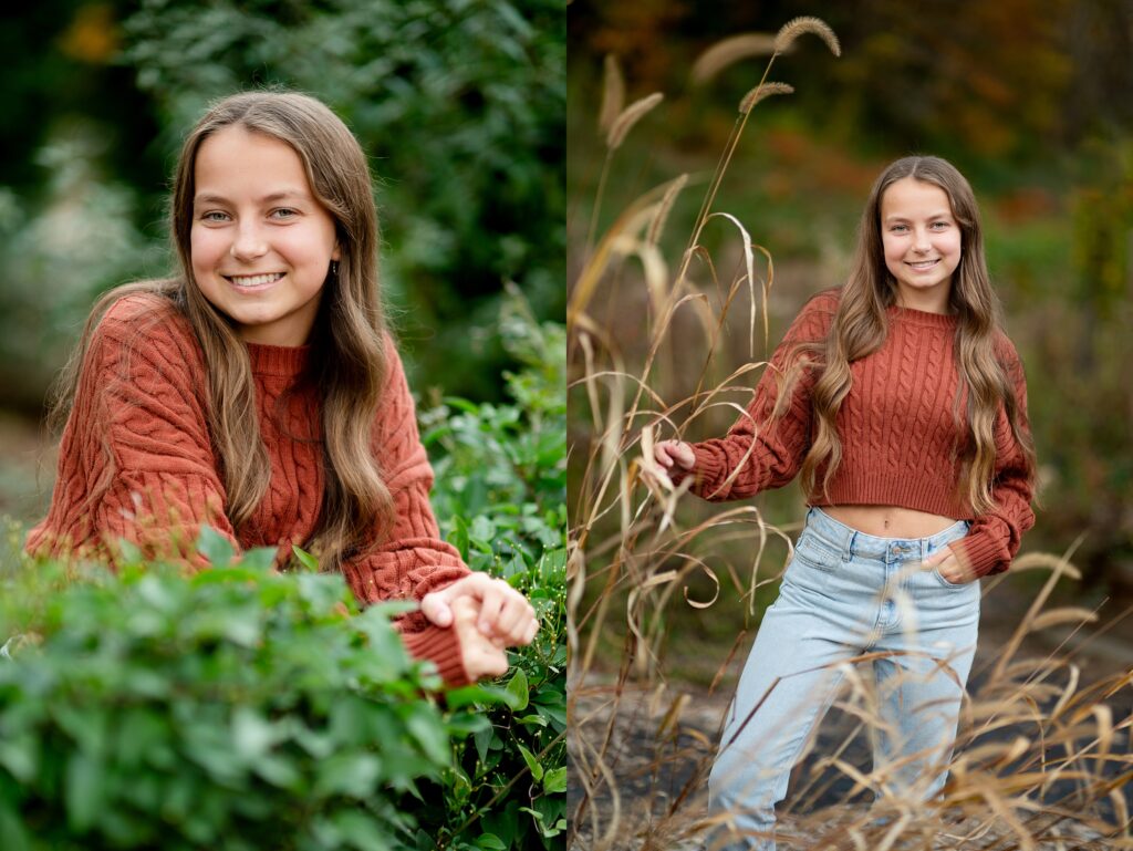 Lunenburg high school senior poses for her senior photos at Beaver Brook in Hollis NH