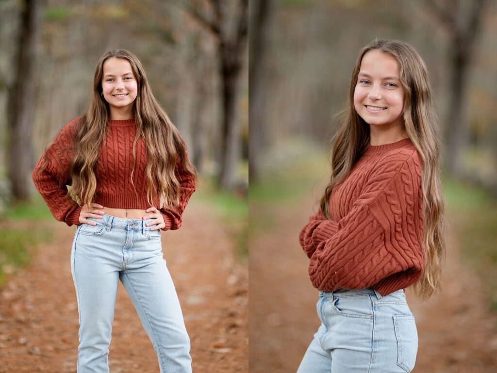 Lunenburg high school senior poses for her senior photos at Beaver Brook in Hollis NH