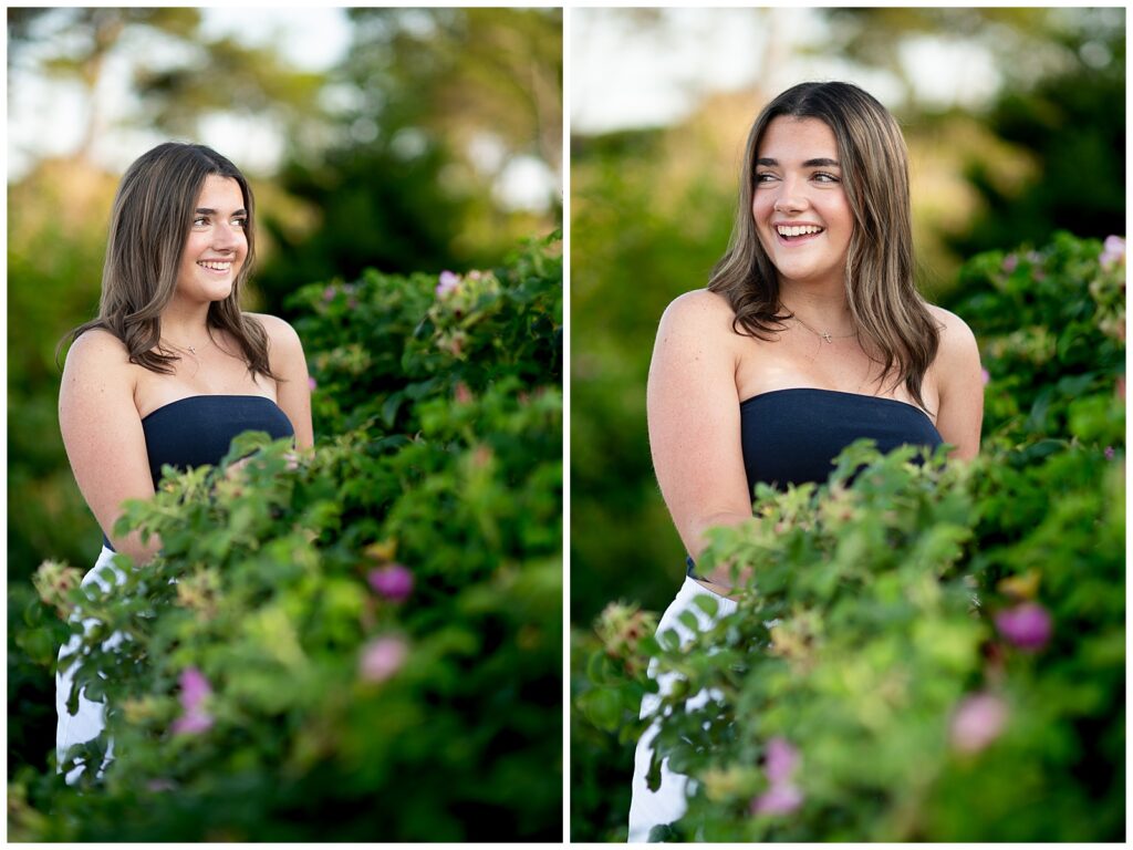 Northern MA senior girl poses casually for her senior photos at Ordione State Park in NH