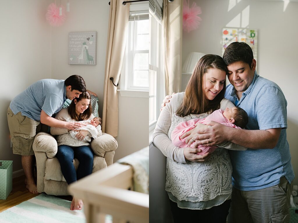 Parents sitting on bed with their newborn baby and dog during a lifestyle newborn photography session in Nashua NH