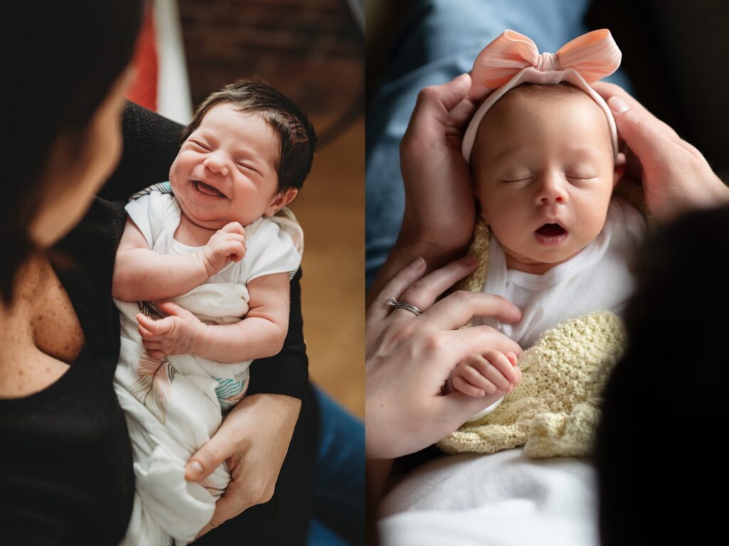Smiling newborn baby being held by parent during a relaxed in-home lifestyle newborn photography session in Nashua NH and Sleeping newborn baby wearing bow headband held gently by parents during an in-home newborn photography session