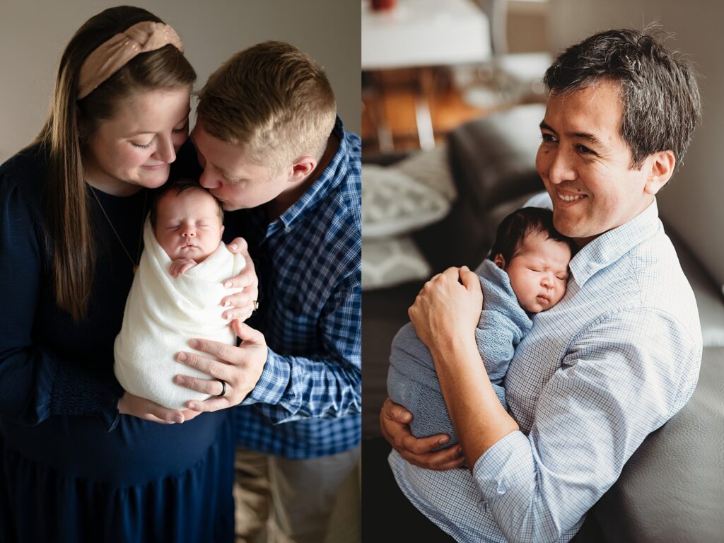 Parents kissing their newborn baby wrapped in blanket during a lifestyle newborn photography session in Southern New Hampshire and Father holding sleeping newborn baby against his shoulder during an in-home lifestyle newborn session