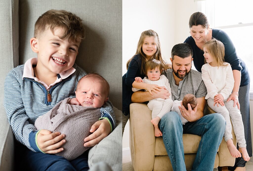 Big brother holding newborn during lifestyle newborn session in Nashua NH