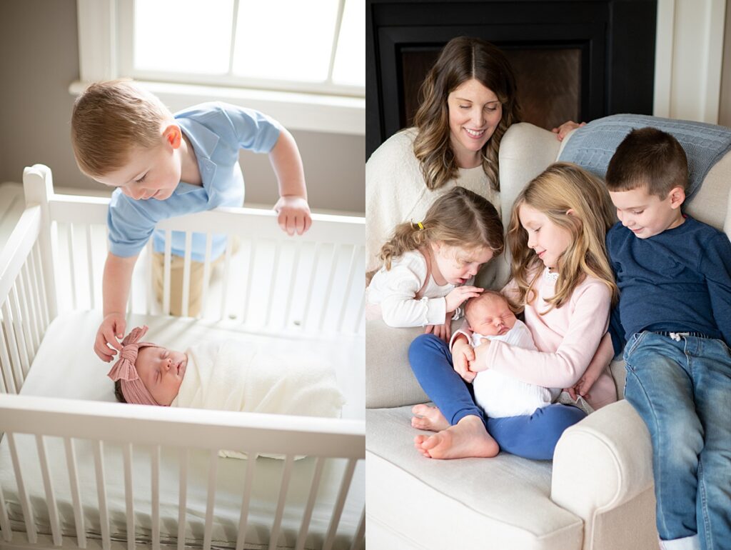 Family cuddling newborn with siblings on couch natural light