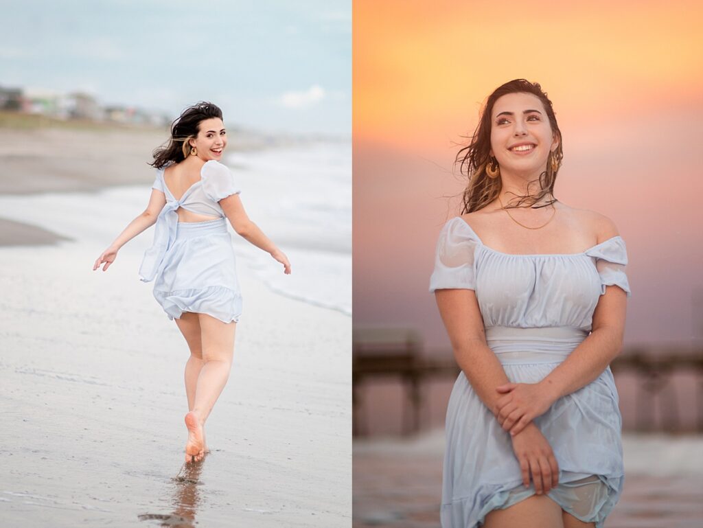 Beach senior photos in New Hampshire and Massachusetts with golden hour light, ocean views, and flowy dress