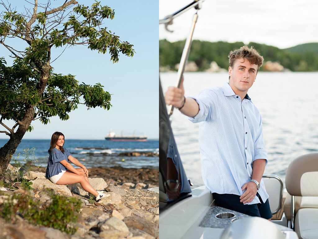 Coastal senior photos in NH with rocky shoreline and waterfront boat setting