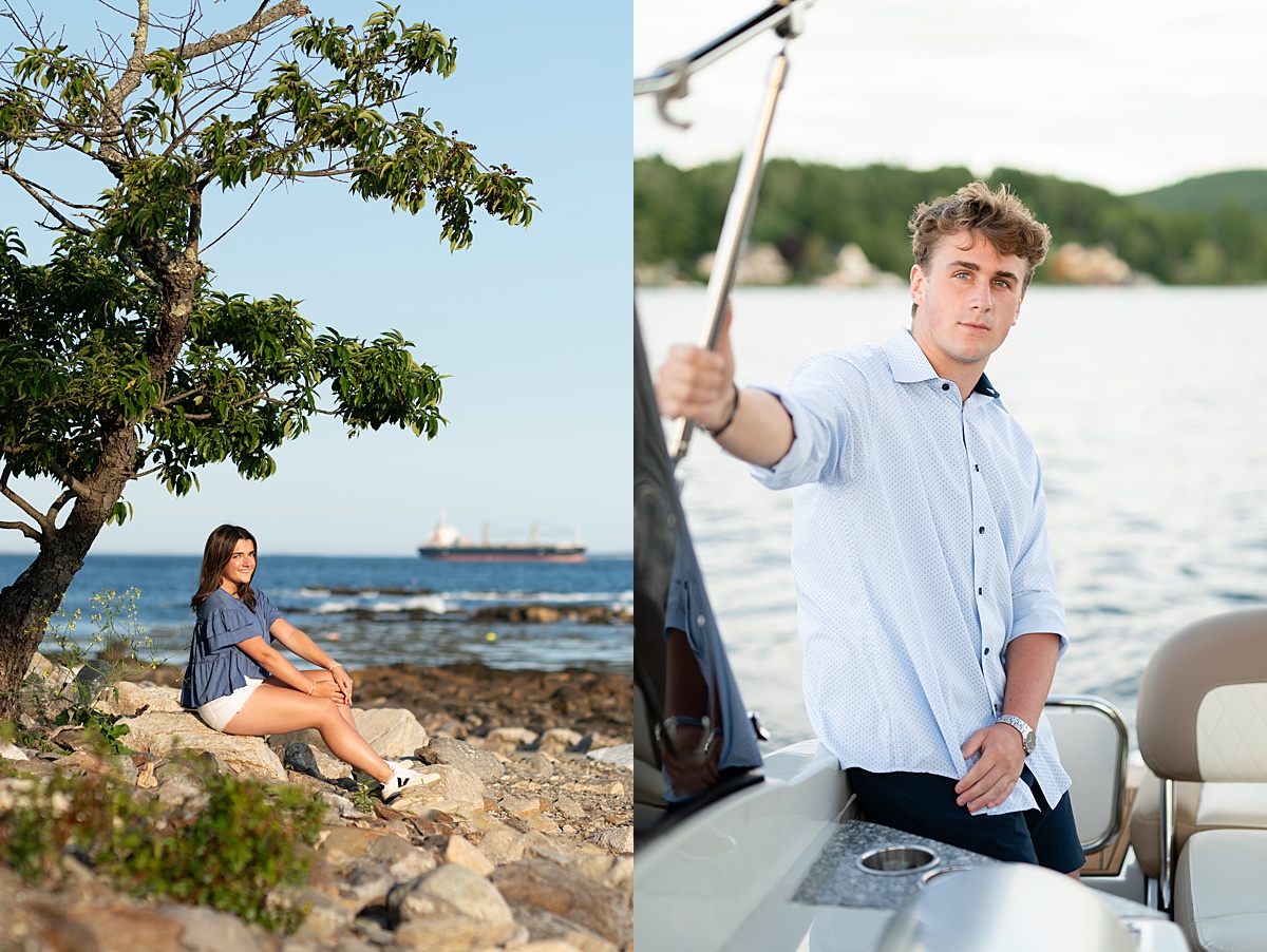 High school seniors posing for yearbook photos at Ordione State Park and lake winnipesaukee