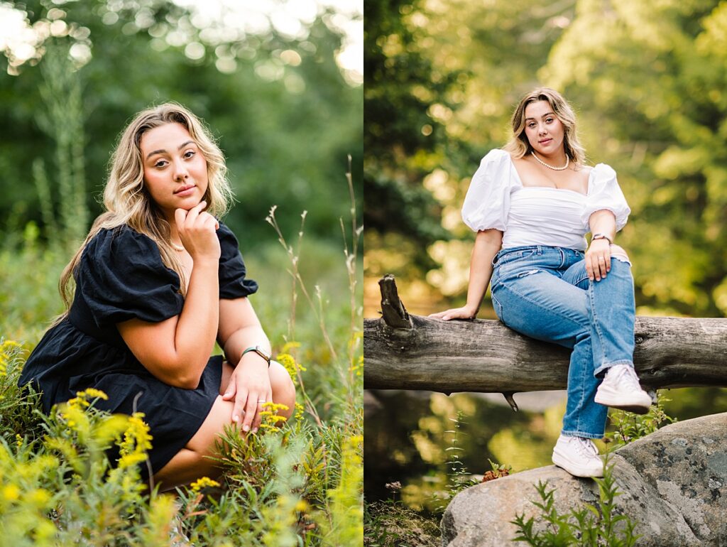 Derryfield School senior girl poses on log across a river and in field at Wildcat Falls in Merrimack