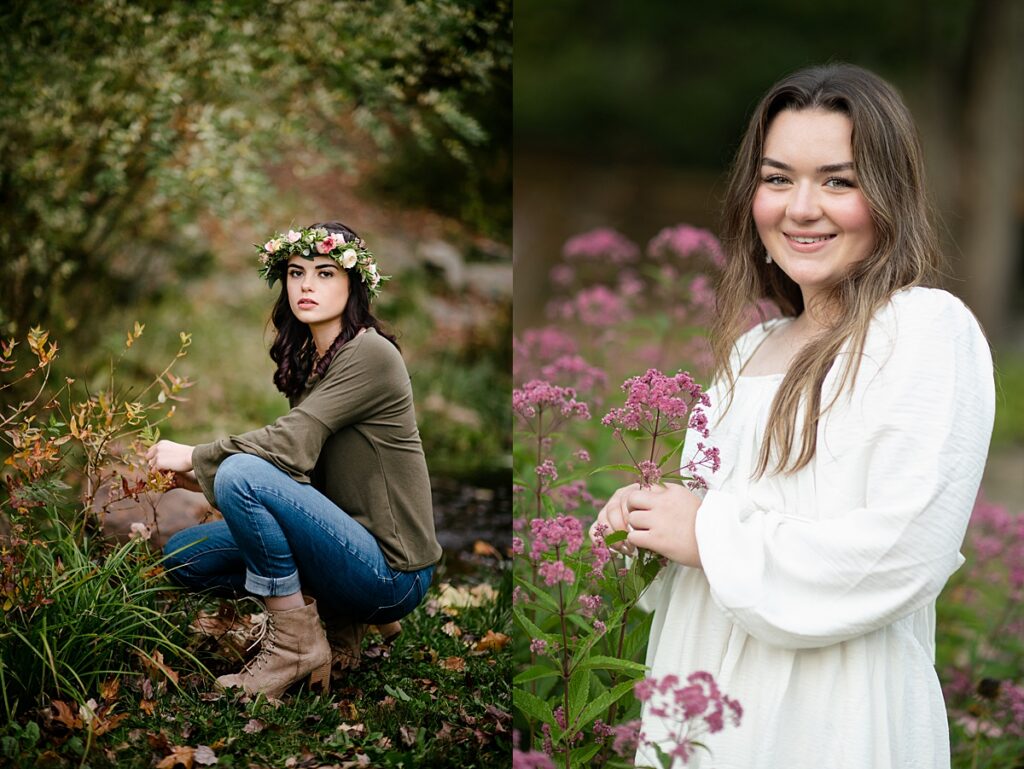 NH high school seniors pose in wooded and wildflower filled park
