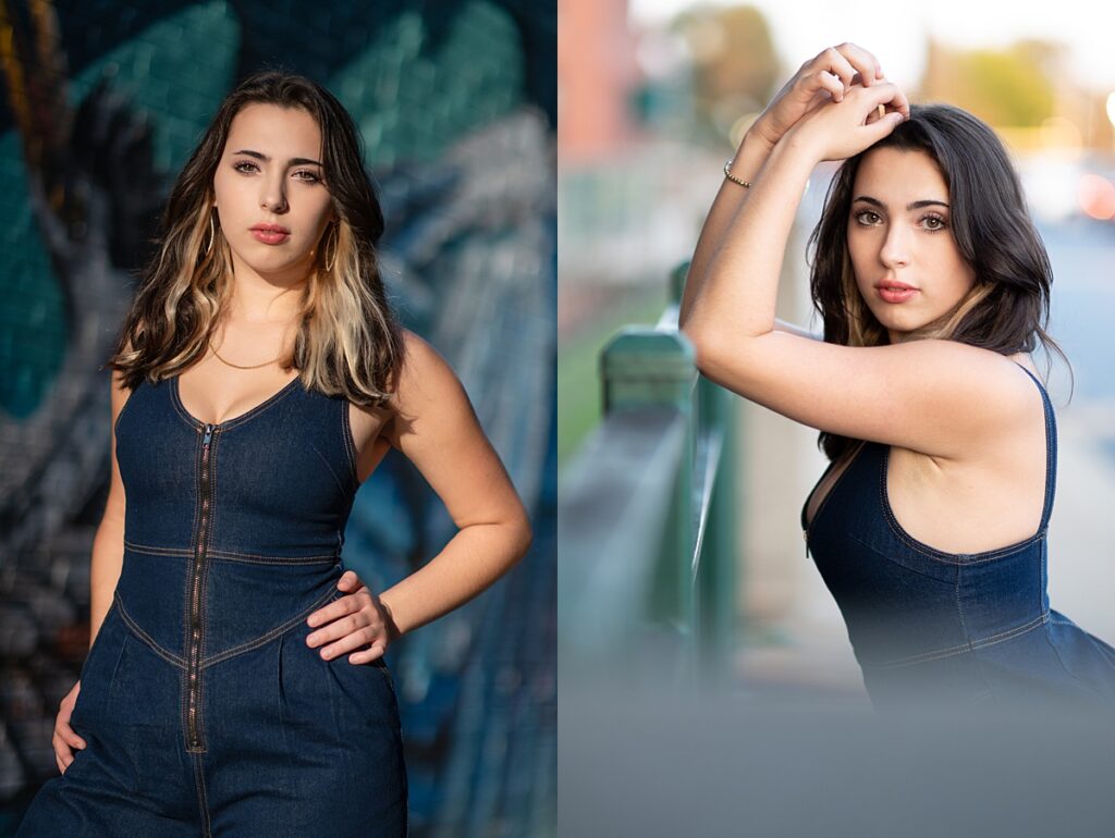 Senior photos in downtown Nashua NH with urban brick background and denim outfit