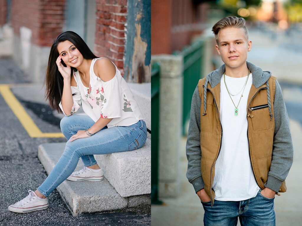 Southern NH students pose in colorful urban area with brick and stone steps.