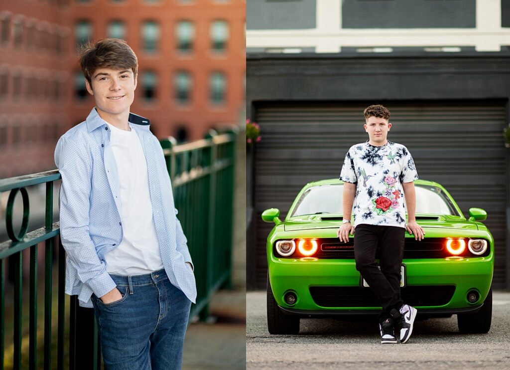 Nashua High School South student poses for NH senior photos with sports car in downtown Nashua